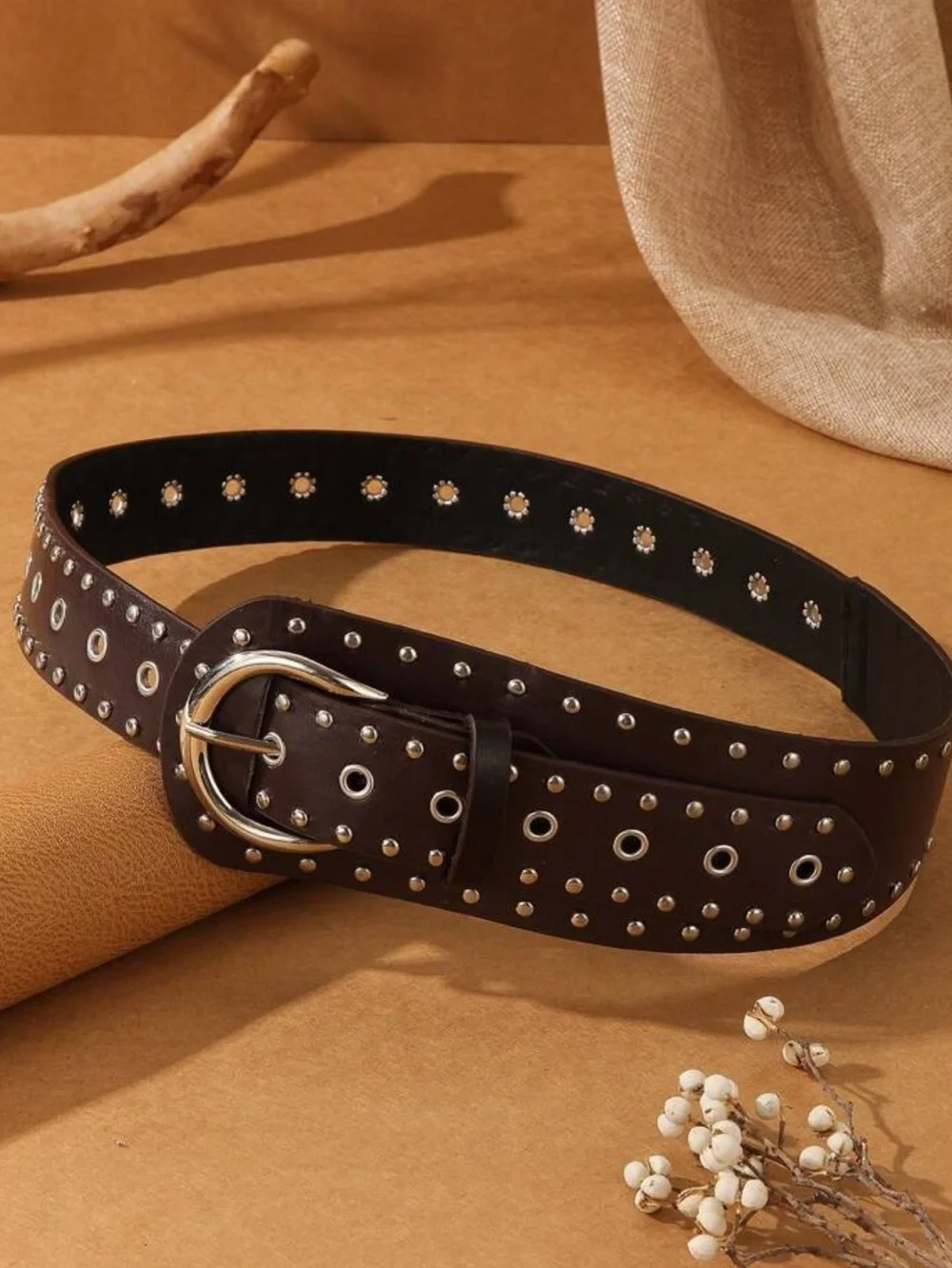 Brown Studded Wide Leather Belt with Antique Silver Buckle